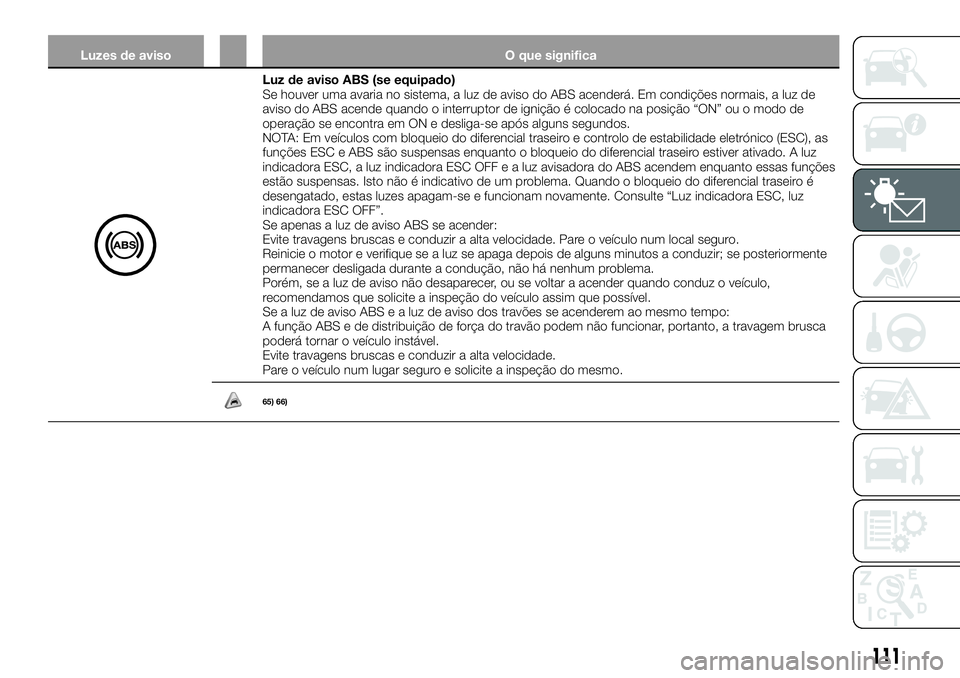 FIAT FULLBACK 2018  Manual de Uso e Manutenção (in Portuguese) Luzes de aviso O que significa
Luz de aviso ABS (se equipado)
Se houver uma avaria no sistema, a luz de aviso do ABS acenderá. Em condições normais, a luz de
aviso do ABS acende quando o interrupto