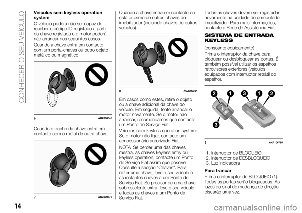 FIAT FULLBACK 2018  Manual de Uso e Manutenção (in Portuguese) Veículos sem keyless operation
system
O veículo poderá não ser capaz de
receber o código ID registado a partir
da chave registada e o motor poderá
não arrancar nos seguintes casos.
Quando a cha