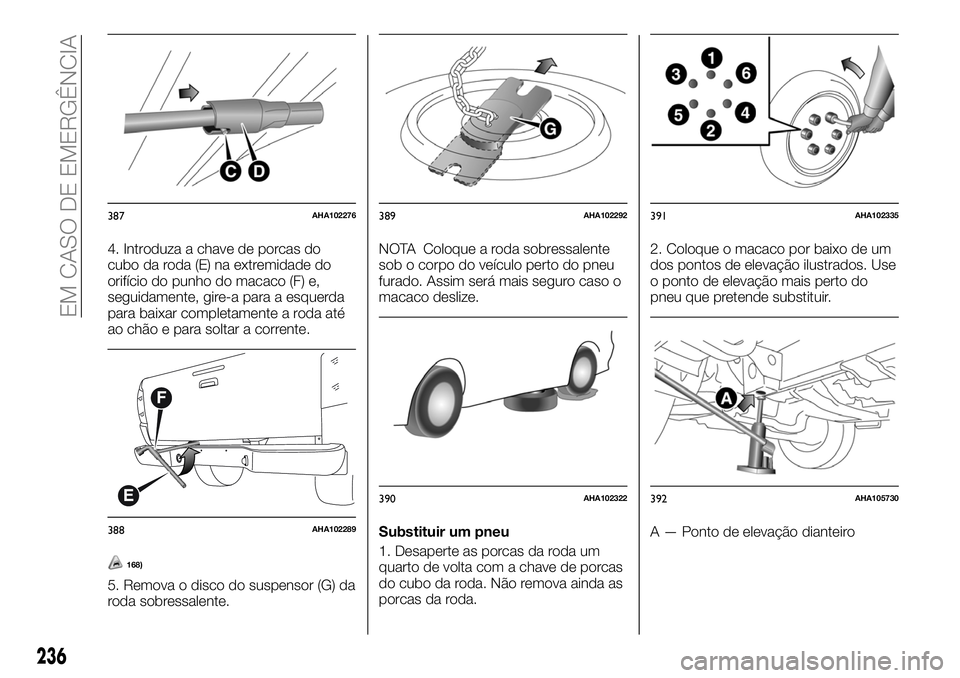 FIAT FULLBACK 2018  Manual de Uso e Manutenção (in Portuguese) 4. Introduza a chave de porcas do
cubo da roda (E) na extremidade do
orifício do punho do macaco (F) e,
seguidamente, gire-a para a esquerda
para baixar completamente a roda até
ao chão e para solt
