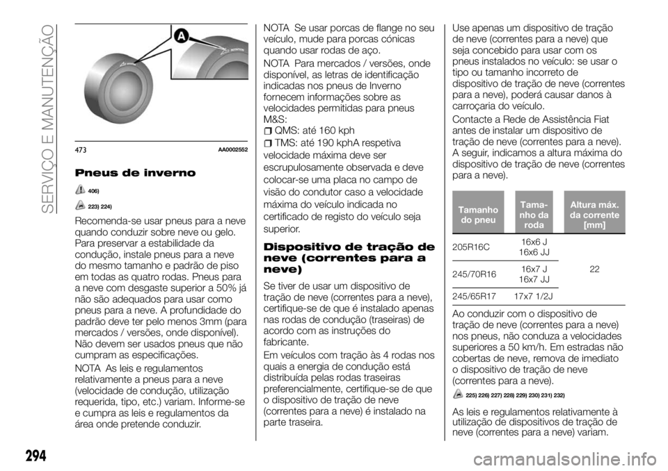 FIAT FULLBACK 2018  Manual de Uso e Manutenção (in Portuguese) Pneus de inverno
406)
223) 224)
Recomenda-se usar pneus para a neve
quando conduzir sobre neve ou gelo.
Para preservar a estabilidade da
condução, instale pneus para a neve
do mesmo tamanho e padrã