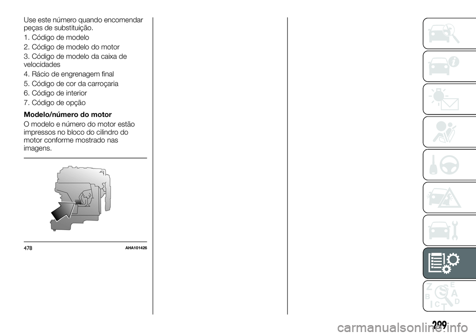 FIAT FULLBACK 2018  Manual de Uso e Manutenção (in Portuguese) Use este número quando encomendar
peças de substituição.
1. Código de modelo
2. Código de modelo do motor
3. Código de modelo da caixa de
velocidades
4. Rácio de engrenagem final
5. Código de