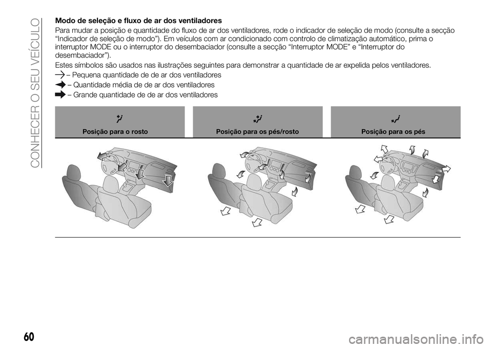 FIAT FULLBACK 2018 Manual de Uso e Manutenção (in Portuguese) Modo de seleção e fluxo de ar dos ventiladores
Para mudar a posição e quantidade do fluxo de ar dos ventiladores, rode o indicador de seleção de modo (consulte a secção
“Indicador de seleç FIAT FULLBACK 2018 Manual de Uso e Manutenção (in Portuguese) Modo de seleção e fluxo de ar dos ventiladores
Para mudar a posição e quantidade do fluxo de ar dos ventiladores, rode o indicador de seleção de modo (consulte a secção
“Indicador de seleç