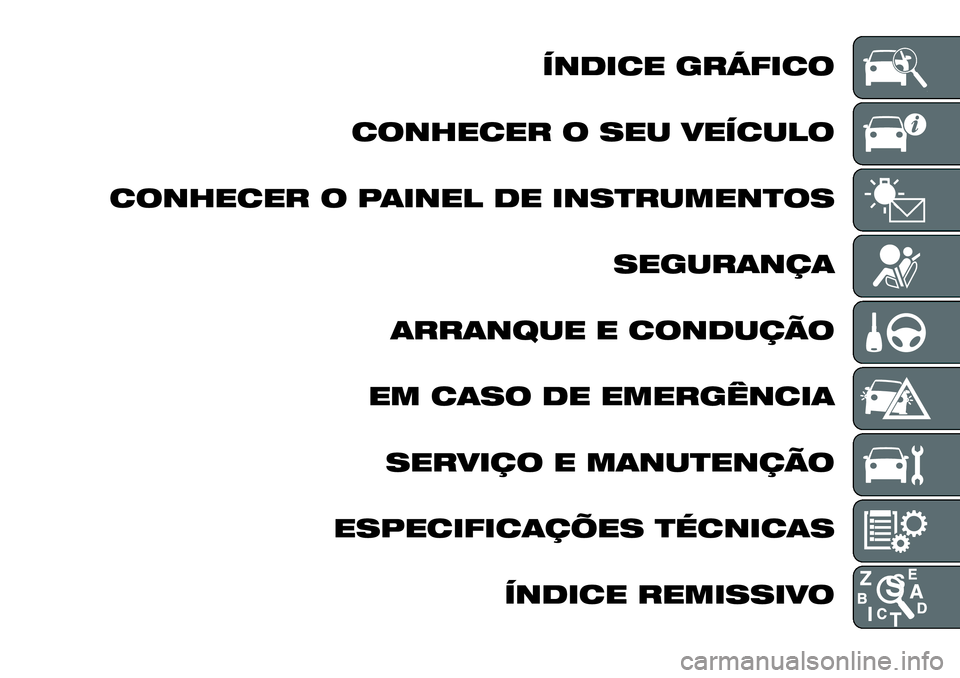 FIAT FULLBACK 2018  Manual de Uso e Manutenção (in Portuguese) ÍNDICE GRÁFICO
CONHECER O SEU VEÍCULO
CONHECER O PAINEL DE INSTRUMENTOS
SEGURANÇA
ARRANQUE E CONDUÇÃO
EM CASO DE EMERGÊNCIA
SERVIÇO E MANUTENÇÃO
ESPECIFICAÇÕES TÉCNICAS
ÍNDICE REMISSIVO 