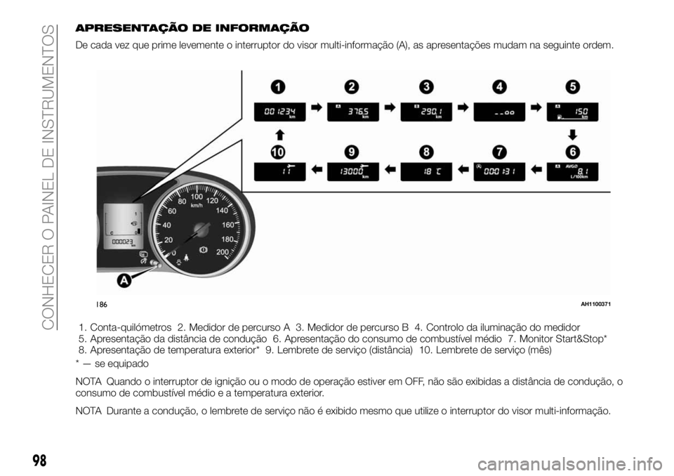 FIAT FULLBACK 2018  Manual de Uso e Manutenção (in Portuguese) APRESENTAÇÃO DE INFORMAÇÃO
De cada vez que prime levemente o interruptor do visor multi-informação (A), as apresentações mudam na seguinte ordem.
1. Conta-quilómetros 2. Medidor de percurso A