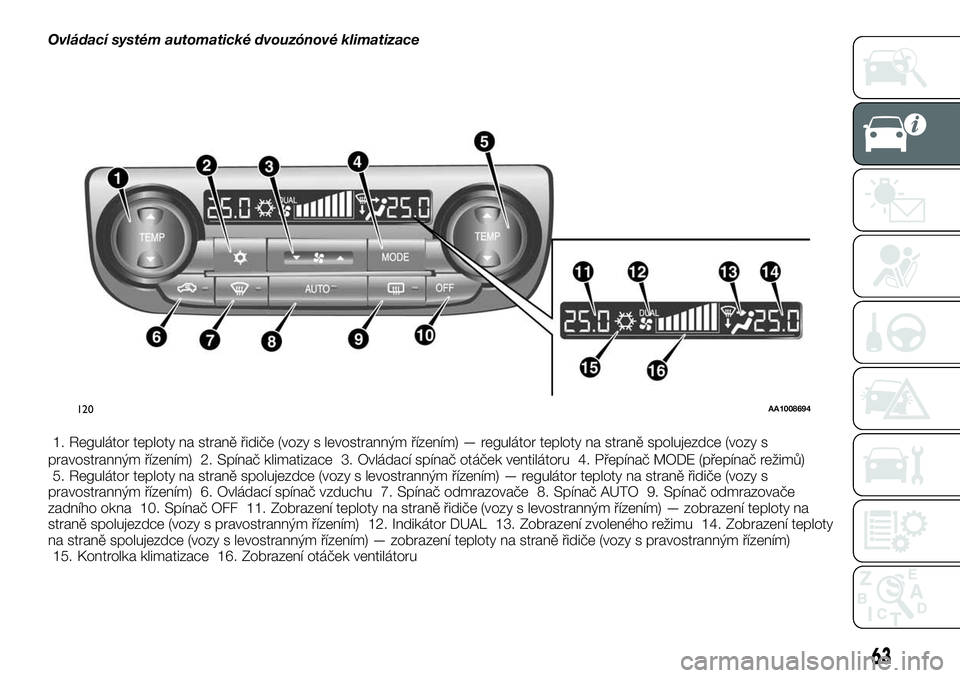 FIAT FULLBACK 2018  Návod k použití a údržbě (in Czech) Ovládací systém automatické dvouzónové klimatizace
1. Regulátor teploty na straně řidiče (vozy s levostranným řízením) — regulátor teploty na straně spolujezdce (vozy s
pravostranný