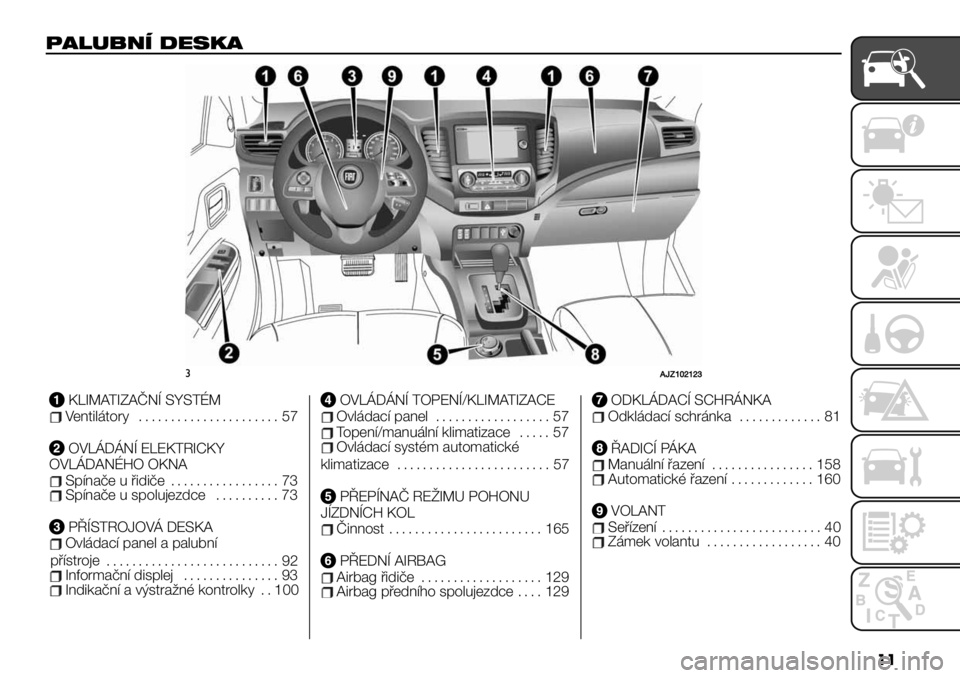 FIAT FULLBACK 2020  Návod k použití a údržbě (in Czech) ��
%-3/:(1 9+#.-
#Giajkljln
KLIMATIZAČNÍSYSTÉMVe ntilátory...................... 57
OVLÁDÁNÍELEKTRICKY
OVLÁDANÉHO OKNA
Spínačeuřidiče ................. 73Spínačeuspolujezdce .........