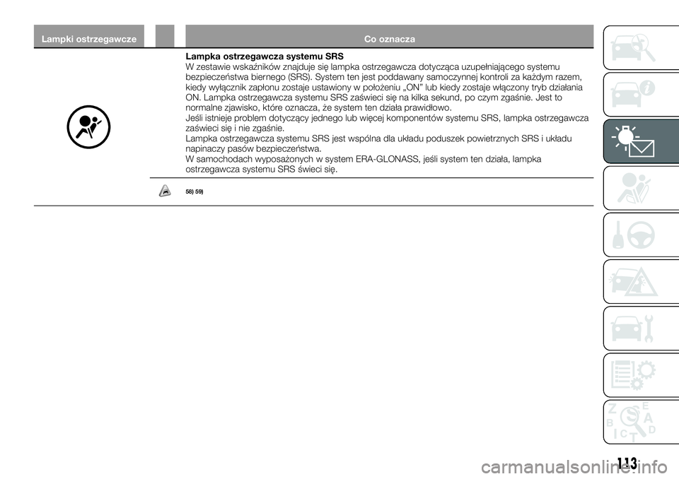 FIAT FULLBACK 2017 Instrukcja obsługi (in Polish) Lampki ostrzegawcze Co oznacza
Lampka ostrzegawcza systemu SRS
W zestawie wskaźników znajduje się lampka ostrzegawcza dotycząca uzupełniającego systemu
bezpieczeństwa biernego (SRS). System ten FIAT FULLBACK 2017 Instrukcja obsługi (in Polish) Lampki ostrzegawcze Co oznacza
Lampka ostrzegawcza systemu SRS
W zestawie wskaźników znajduje się lampka ostrzegawcza dotycząca uzupełniającego systemu
bezpieczeństwa biernego (SRS). System ten