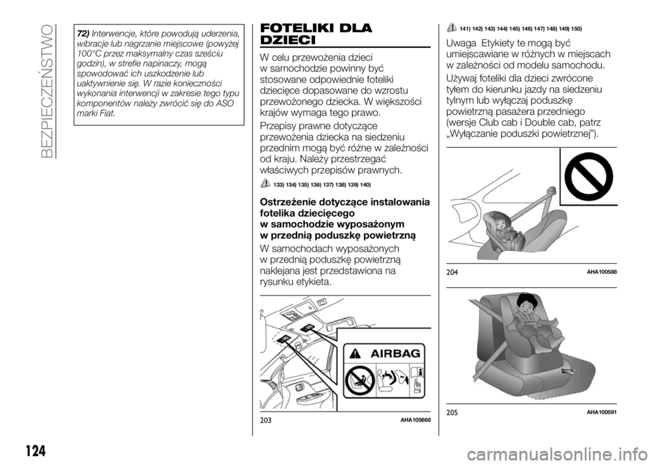 FIAT FULLBACK 2017 Instrukcja obsługi (in Polish) 72)Interwencje, które powodują uderzenia,
wibracje lub nagrzanie miejscowe (powyżej
100°C przez maksymalny czas sześciu
godzin), w strefie napinaczy, mogą
spowodować ich uszkodzenie lub
uaktywn FIAT FULLBACK 2017 Instrukcja obsługi (in Polish) 72)Interwencje, które powodują uderzenia,
wibracje lub nagrzanie miejscowe (powyżej
100°C przez maksymalny czas sześciu
godzin), w strefie napinaczy, mogą
spowodować ich uszkodzenie lub
uaktywn