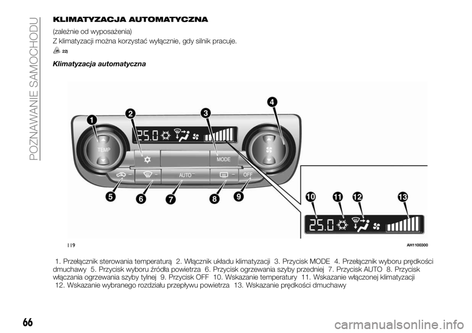 FIAT FULLBACK 2017  Instrukcja obsługi (in Polish) KLIMATYZACJA AUTOMATYCZNA
(zależnie od wyposażenia)
Z klimatyzacji można korzystać wyłącznie, gdy silnik pracuje.
22)
Klimatyzacja automatyczna
1. Przełącznik sterowania temperaturą 2. Włąc