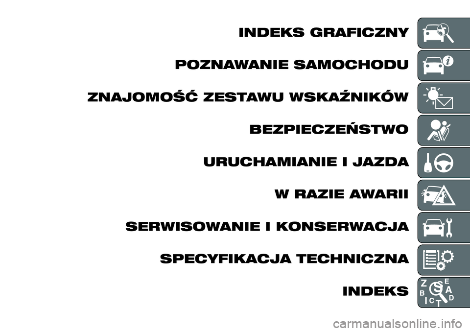 FIAT FULLBACK 2017  Instrukcja obsługi (in Polish) INDEKS GRAFICZNY
POZNAWANIE SAMOCHODU
ZNAJOMOŚĆ ZESTAWU WSKAŹNIKÓW
BEZPIECZEŃSTWO
URUCHAMIANIE I JAZDA
W RAZIE AWARII
SERWISOWANIE I KONSERWACJA
SPECYFIKACJA TECHNICZNA
INDEKS 
