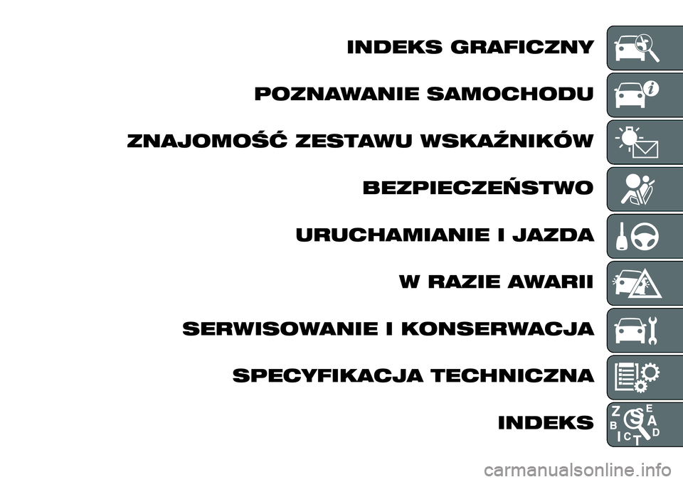 FIAT FULLBACK 2017 Instrukcja obsługi (in Polish) INDEKS GRAFICZNY
POZNAWANIE SAMOCHODU
ZNAJOMOŚĆ ZESTAWU WSKAŹNIKÓW
BEZPIECZEŃSTWO
URUCHAMIANIE I JAZDA
W RAZIE AWARII
SERWISOWANIE I KONSERWACJA
SPECYFIKACJA TECHNICZNA
INDEKS FIAT FULLBACK 2017 Instrukcja obsługi (in Polish) INDEKS GRAFICZNY
POZNAWANIE SAMOCHODU
ZNAJOMOŚĆ ZESTAWU WSKAŹNIKÓW
BEZPIECZEŃSTWO
URUCHAMIANIE I JAZDA
W RAZIE AWARII
SERWISOWANIE I KONSERWACJA
SPECYFIKACJA TECHNICZNA
INDEKS