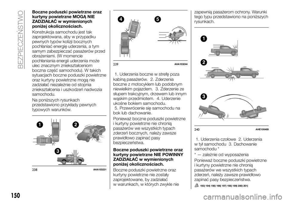 FIAT FULLBACK 2018  Instrukcja obsługi (in Polish) Boczne poduszki powietrzne oraz
kurtyny powietrzne MOGĄ NIE
ZADZIAŁAĆ w wymienionych
poniżej okolicznościach.
Konstrukcja samochodu jest tak
zaprojektowana, aby w przypadku
pewnych typów kolizji