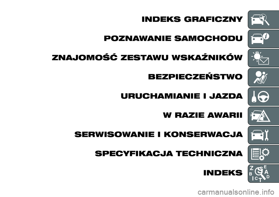 FIAT FULLBACK 2018  Instrukcja obsługi (in Polish) INDEKS GRAFICZNY
POZNAWANIE SAMOCHODU
ZNAJOMOŚĆ ZESTAWU WSKAŹNIKÓW
BEZPIECZEŃSTWO
URUCHAMIANIE I JAZDA
W RAZIE AWARII
SERWISOWANIE I KONSERWACJA
SPECYFIKACJA TECHNICZNA
INDEKS 