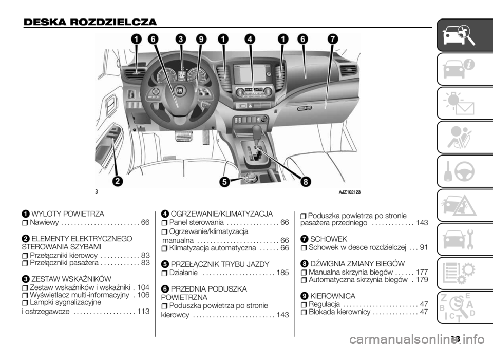 FIAT FULLBACK 2019  Instrukcja obsługi (in Polish) ��
4$1/( "0#4#.$?%#(
#OfPhijhjl
WYLOTY POWIETRZANawiewy........................ 66
ELEMENTY ELEKTRYCZNEGO
STEROWANIA SZYBAMI
Przełączniki kierowcy............ 83Przełączniki pasażera ......