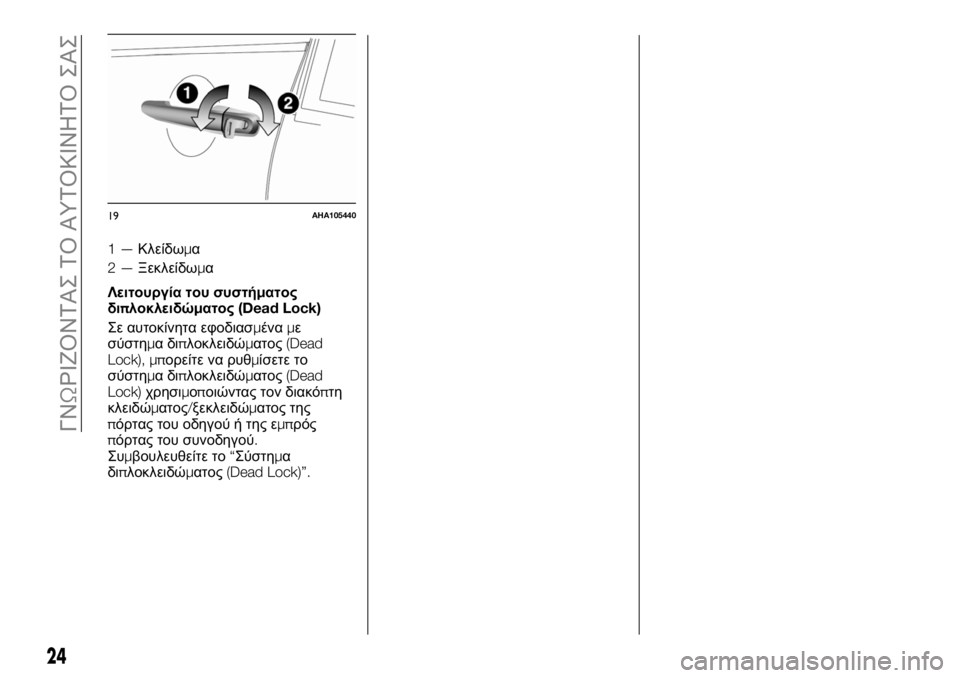 FIAT FULLBACK 2017  ΒΙΒΛΙΟ ΧΡΗΣΗΣ ΚΑΙ ΣΥΝΤΗΡΗΣΗΣ (in Greek) 1—Κλείδωμα
2—Ξεκλείδωμα
Λειτουργία του συστήματος
διπλοκλειδώματος(Dead Lock)
Σε αυτοκίνητα εφοδιασμέναμε
σύστ