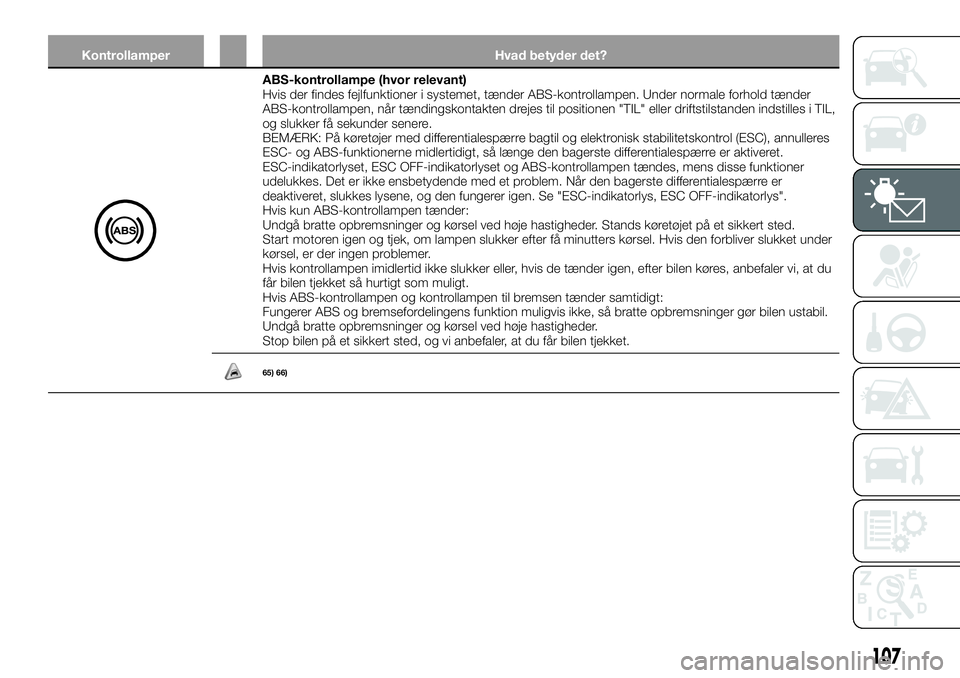 FIAT FULLBACK 2018 Brugs- og vedligeholdelsesvejledning (in Danish) Kontrollamper Hvad betyder det?
ABS-kontrollampe (hvor relevant)
Hvis der findes fejlfunktioner i systemet, tænder ABS-kontrollampen. Under normale forhold tænder
ABS-kontrollampen, når tændingsko FIAT FULLBACK 2018 Brugs- og vedligeholdelsesvejledning (in Danish) Kontrollamper Hvad betyder det?
ABS-kontrollampe (hvor relevant)
Hvis der findes fejlfunktioner i systemet, tænder ABS-kontrollampen. Under normale forhold tænder
ABS-kontrollampen, når tændingsko