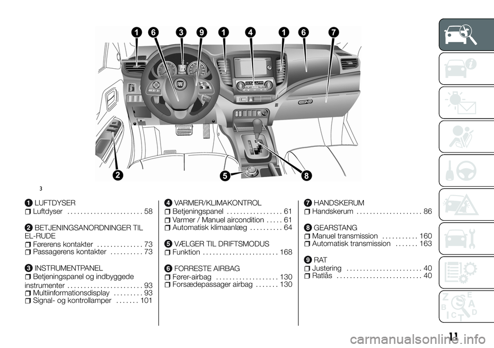 FIAT FULLBACK 2018  Brugs- og vedligeholdelsesvejledning (in Danish) LUFTDYSERLuftdyser....................... 58
BETJENINGSANORDNINGER TIL
EL-RUDE
Førerens kontakter.............. 73Passagerens kontakter.......... 73
INSTRUMENTPANELBetjeningspanel og indbyggede
instr