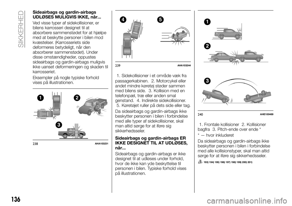 FIAT FULLBACK 2018  Brugs- og vedligeholdelsesvejledning (in Danish) Sideairbags og gardin-airbags
UDLØSES MULIGVIS IKKE, når...
Ved visse typer af sidekollisioner, er
bilens karrosseri designet til at
absorbere sammenstødet for at hjælpe
med at beskytte personer i