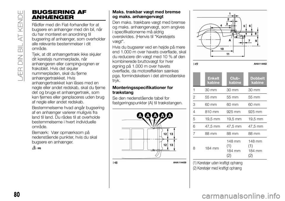 FIAT FULLBACK 2018  Brugs- og vedligeholdelsesvejledning (in Danish) BUGSERING AF
ANHÆNGER
Rådfør med din Fiat-forhandler for at
bugsere en anhænger med din bil, når
du har monteret en anordning til
bugsering af anhænger, som overholder
alle relevante bestemmelse