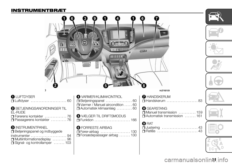 FIAT FULLBACK 2019  Brugs- og vedligeholdelsesvejledning (in Danish) ��
,#’)*+$"#)-*&)
#BT\]^_]_a
LUFTDYSERLuftdyser....................... 60
BETJENINGSANORDNINGER TIL
EL-RUDE
Førerens kontakter.............. 76Passagerens kontakter.......... 76
INSTRUMENTPAN