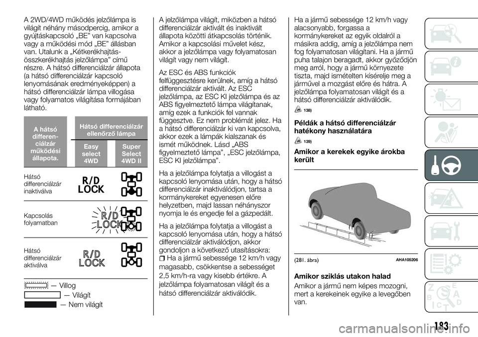 FIAT FULLBACK 2018 Kezelési és karbantartási útmutató (in Hungarian) A 2WD/4WD működés jelzőlámpa is
világít néhány másodpercig, amikor a
gyújtáskapcsoló „BE” van kapcsolva
vagy a működési mód „BE” állásban
van. Utalunk a „Kétkerékhajtás FIAT FULLBACK 2018 Kezelési és karbantartási útmutató (in Hungarian) A 2WD/4WD működés jelzőlámpa is
világít néhány másodpercig, amikor a
gyújtáskapcsoló „BE” van kapcsolva
vagy a működési mód „BE” állásban
van. Utalunk a „Kétkerékhajtás