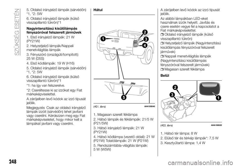 FIAT FULLBACK 2018 Kezelési és karbantartási útmutató (in Hungarian) 5. Oldalsó irányjelző lámpák (sárvédőn)
*1, *2: 5W
6. Oldalsó irányjelző lámpák (külső
visszapillantó tükrön)*1
Nagyintenzitású kisülőlámpás
fényszóróval felszerelt járműv FIAT FULLBACK 2018 Kezelési és karbantartási útmutató (in Hungarian) 5. Oldalsó irányjelző lámpák (sárvédőn)
*1, *2: 5W
6. Oldalsó irányjelző lámpák (külső
visszapillantó tükrön)*1
Nagyintenzitású kisülőlámpás
fényszóróval felszerelt járműv