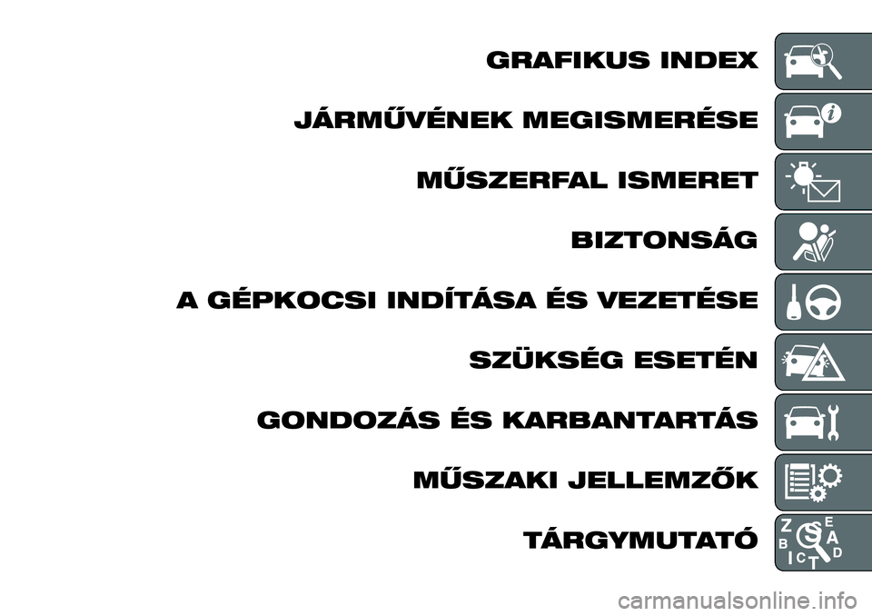 FIAT FULLBACK 2017  Kezelési és karbantartási útmutató (in Hungarian) GRAFIKUS INDEX
JÁRMŰVÉNEK MEGISMERÉSE
MŰSZERFAL ISMERET
BIZTONSÁG
A GÉPKOCSI INDÍTÁSA ÉS VEZETÉSE
SZÜKSÉG ESETÉN
GONDOZÁS ÉS KARBANTARTÁS
MŰSZAKI JELLEMZŐK
TÁRGYMUTATÓ 