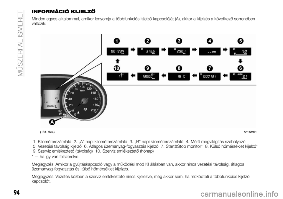 FIAT FULLBACK 2018 Kezelési és karbantartási útmutató (in Hungarian) INFORMÁCIÓ KIJELZŐ
Minden egyes alkalommal, amikor lenyomja a többfunkciós kijelző kapcsolóját (A), akkor a kijelzés a következő sorrendben
változik:
1. Kilométerszámláló 2. „A” na FIAT FULLBACK 2018 Kezelési és karbantartási útmutató (in Hungarian) INFORMÁCIÓ KIJELZŐ
Minden egyes alkalommal, amikor lenyomja a többfunkciós kijelző kapcsolóját (A), akkor a kijelzés a következő sorrendben
változik:
1. Kilométerszámláló 2. „A” na