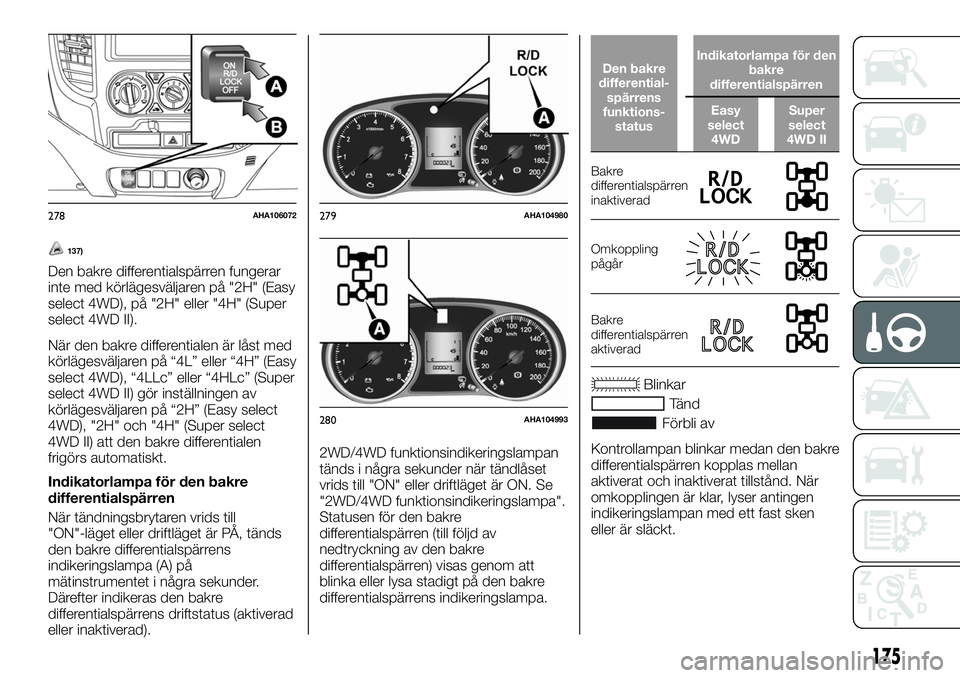 FIAT FULLBACK 2017 Drift- och underhållshandbok (in Swedish) 137)
Den bakre differentialspärren fungerar
inte med körlägesväljaren på "2H" (Easy
select 4WD), på "2H" eller "4H" (Super
select 4WD II).
När den bakre differentialen FIAT FULLBACK 2017 Drift- och underhållshandbok (in Swedish) 137)
Den bakre differentialspärren fungerar
inte med körlägesväljaren på "2H" (Easy
select 4WD), på "2H" eller "4H" (Super
select 4WD II).
När den bakre differentialen