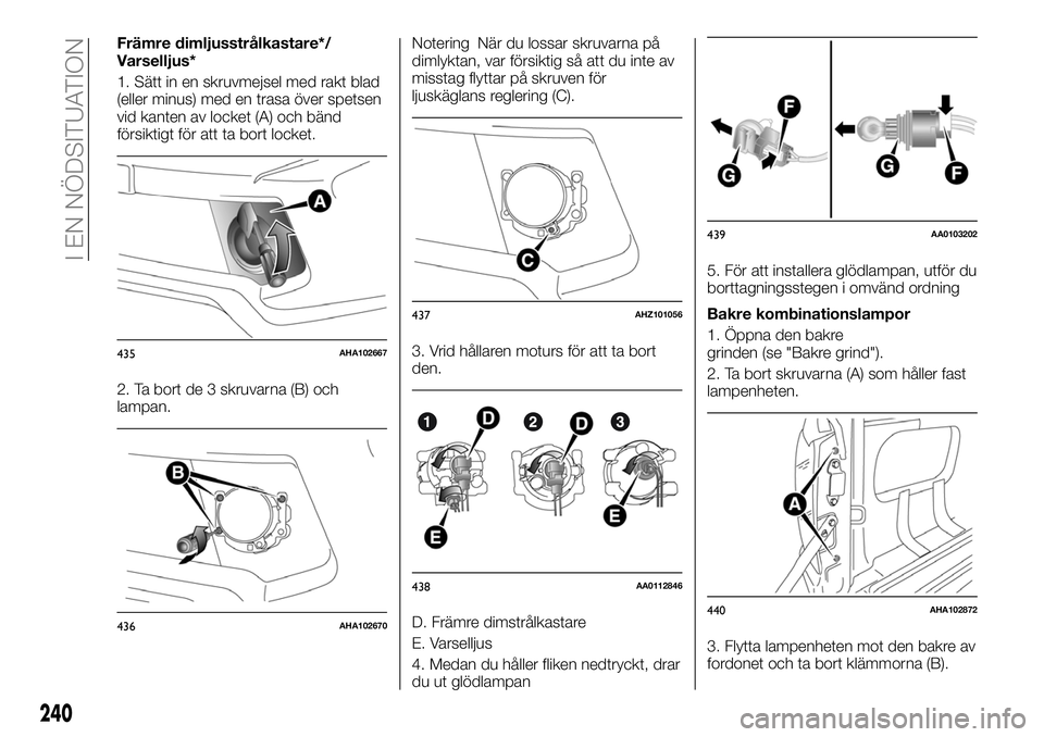 FIAT FULLBACK 2017 Drift- och underhållshandbok (in Swedish) Främre dimljusstrålkastare*/
Varselljus*
1. Sätt in en skruvmejsel med rakt blad
(eller minus) med en trasa över spetsen
vid kanten av locket (A) och bänd
försiktigt för att ta bort locket.
2. FIAT FULLBACK 2017 Drift- och underhållshandbok (in Swedish) Främre dimljusstrålkastare*/
Varselljus*
1. Sätt in en skruvmejsel med rakt blad
(eller minus) med en trasa över spetsen
vid kanten av locket (A) och bänd
försiktigt för att ta bort locket.
2.