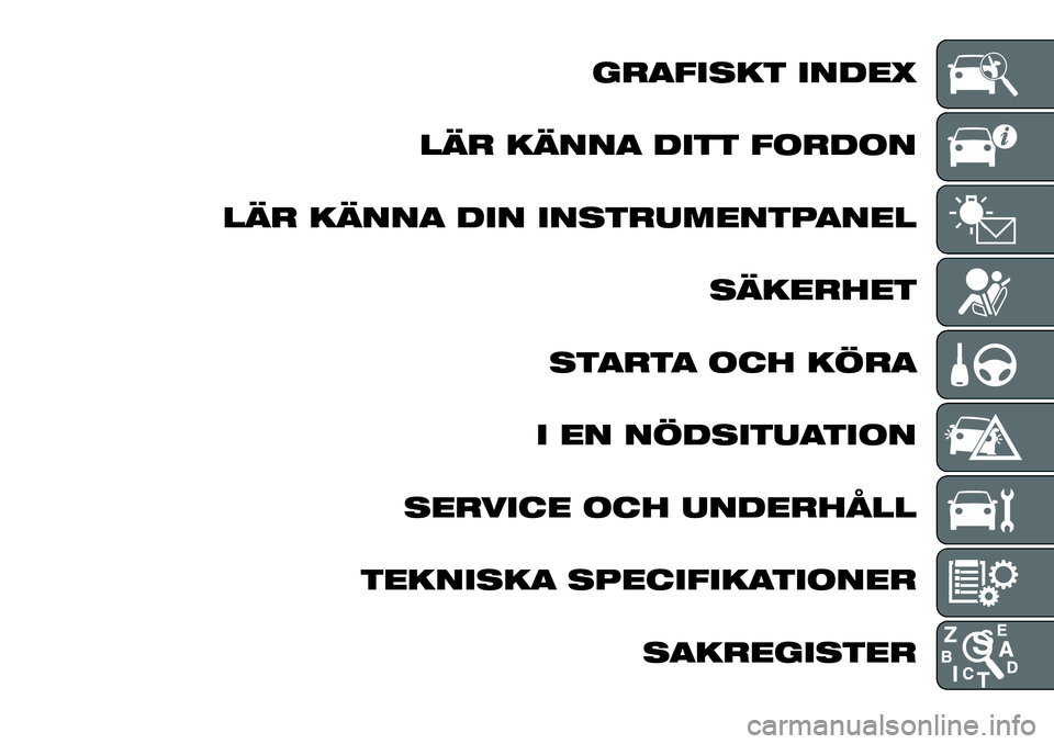 FIAT FULLBACK 2017  Drift- och underhållshandbok (in Swedish) GRAFISKT INDEX
LÄR KÄNNA DITT FORDON
LÄR KÄNNA DIN INSTRUMENTPANEL
SÄKERHET
STARTA OCH KÖRA
I EN NÖDSITUATION
SERVICE OCH UNDERHÅLL
TEKNISKA SPECIFIKATIONER
SAKREGISTER 