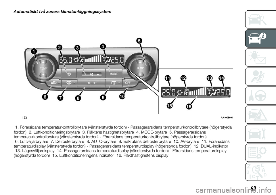 FIAT FULLBACK 2018  Drift- och underhållshandbok (in Swedish) Automatiskt två zoners klimatanläggningssystem
1. Förarsidans temperaturkontrollbrytare (vänsterstyrda fordon) - Passagerarsidans temperaturkontrollbrytare (högerstyrda
fordon) 2. Luftkonditioner