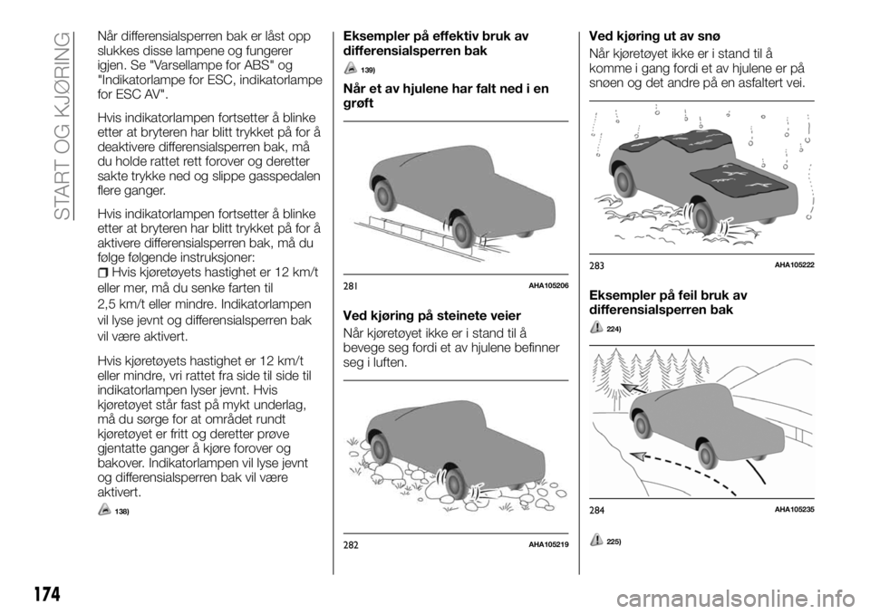 FIAT FULLBACK 2017 Drift- og vedlikeholdshåndbok (in Norwegian) Når differensialsperren bak er låst opp
slukkes disse lampene og fungerer
igjen. Se "Varsellampe for ABS" og
"Indikatorlampe for ESC, indikatorlampe
for ESC AV".
Hvis indikatorlampen FIAT FULLBACK 2017 Drift- og vedlikeholdshåndbok (in Norwegian) Når differensialsperren bak er låst opp
slukkes disse lampene og fungerer
igjen. Se "Varsellampe for ABS" og
"Indikatorlampe for ESC, indikatorlampe
for ESC AV".
Hvis indikatorlampen