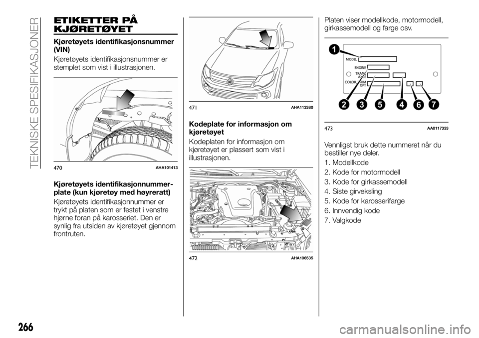 FIAT FULLBACK 2017 Drift- og vedlikeholdshåndbok (in Norwegian) ETIKETTER PÅ
KJØRETØYET
Kjøretøyets identifikasjonsnummer
(VIN)
Kjøretøyets identifikasjonsnummer er
stemplet som vist i illustrasjonen.
Kjøretøyets identifikasjonnummer-
plate (kun kjøretø FIAT FULLBACK 2017 Drift- og vedlikeholdshåndbok (in Norwegian) ETIKETTER PÅ
KJØRETØYET
Kjøretøyets identifikasjonsnummer
(VIN)
Kjøretøyets identifikasjonsnummer er
stemplet som vist i illustrasjonen.
Kjøretøyets identifikasjonnummer-
plate (kun kjøretø