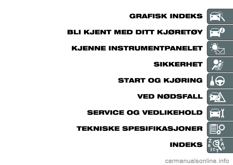 FIAT FULLBACK 2017  Drift- og vedlikeholdshåndbok (in Norwegian) GRAFISK INDEKS
BLI KJENT MED DITT KJØRETØY
KJENNE INSTRUMENTPANELET
SIKKERHET
START OG KJØRING
VED NØDSFALL
SERVICE OG VEDLIKEHOLD
TEKNISKE SPESIFIKASJONER
INDEKS 