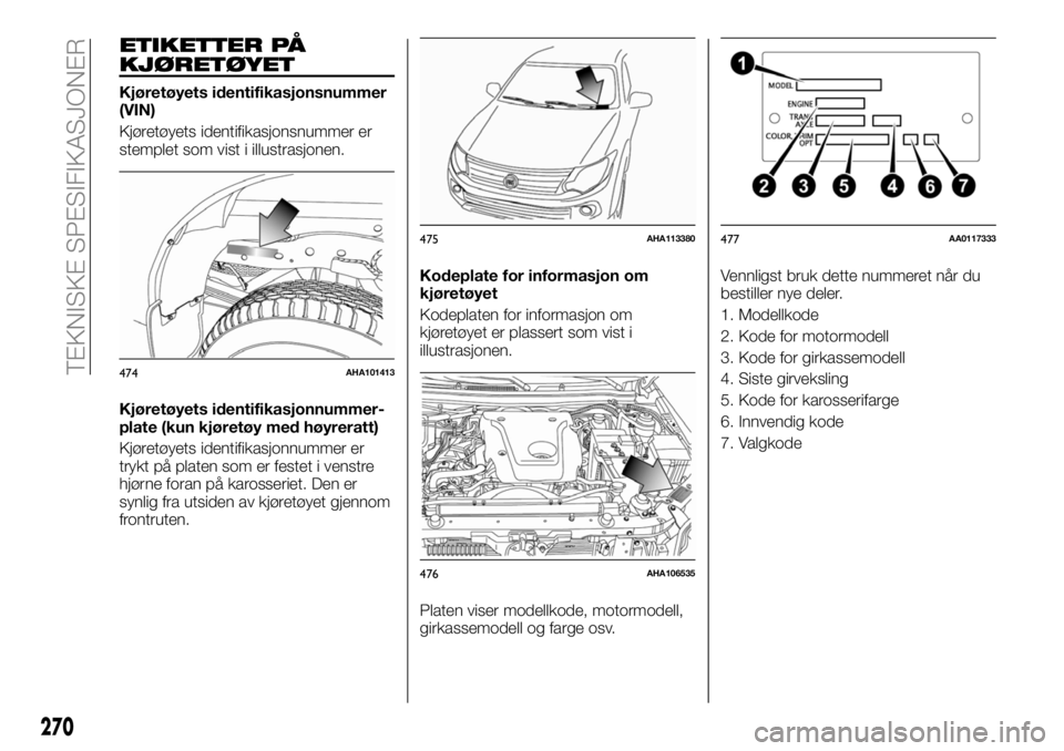 FIAT FULLBACK 2018  Drift- og vedlikeholdshåndbok (in Norwegian) ETIKETTER PÅ
KJØRETØYET
Kjøretøyets identifikasjonsnummer
(VIN)
Kjøretøyets identifikasjonsnummer er
stemplet som vist i illustrasjonen.
Kjøretøyets identifikasjonnummer-
plate (kun kjøretø