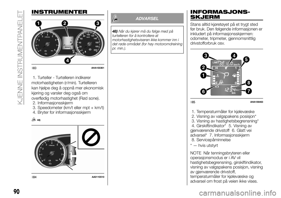 FIAT FULLBACK 2018  Drift- og vedlikeholdshåndbok (in Norwegian) INSTRUMENTER
1. Turteller - Turtelleren indikerer
motorhastigheten (r/min). Turtelleren
kan hjelpe deg å oppnå mer økonomisk
kjøring og varsler deg også om
overflødig motorhastighet (Rød sone).