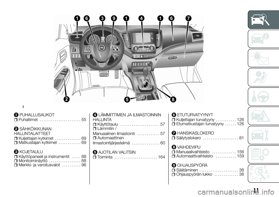 FIAT FULLBACK 2018  Käyttö- ja huolto-ohjekirja (in in Finnish) PUHALLUSAUKOTPuhaltimet...................... 55
SÄHKÖIKKUNAN
HALLINTALAITTEET
Kuljettajan kytkimet.............. 69Matkustajan kytkimet............ 69
KOJETAULUKäyttöpaneeli ja instrumentit..... 
