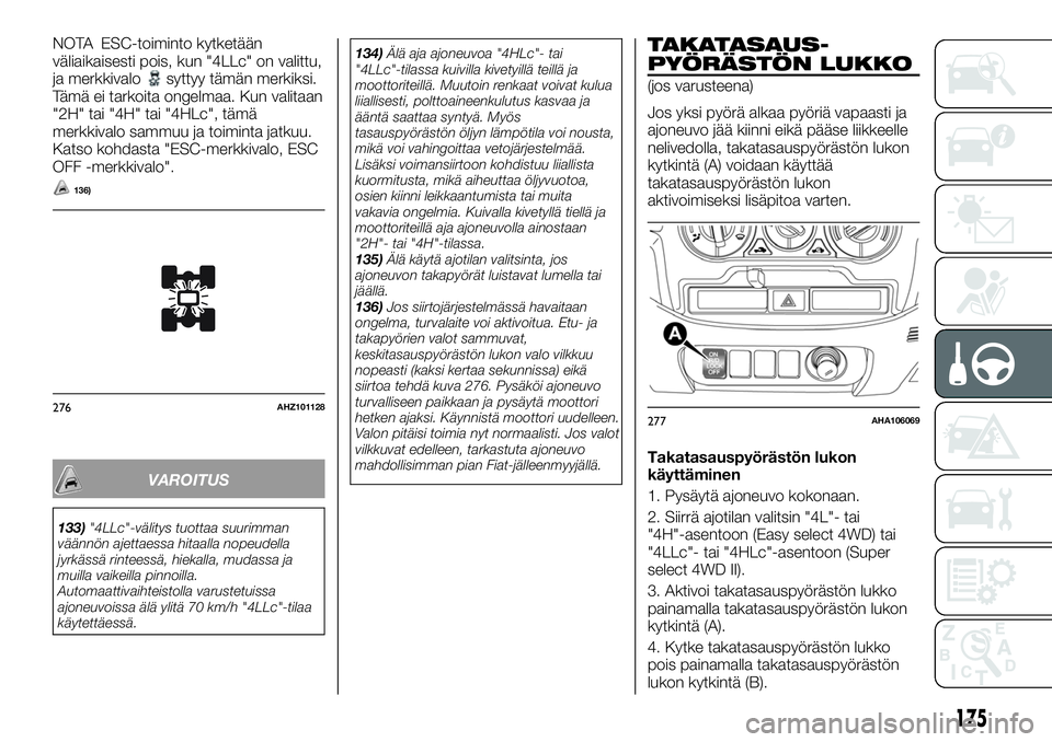 FIAT FULLBACK 2017 Käyttö- ja huolto-ohjekirja (in in Finnish) NOTA ESC-toiminto kytketään
väliaikaisesti pois, kun "4LLc" on valittu,
ja merkkivalo
syttyy tämän merkiksi.
Tämä ei tarkoita ongelmaa. Kun valitaan
"2H" tai "4H" tai FIAT FULLBACK 2017 Käyttö- ja huolto-ohjekirja (in in Finnish) NOTA ESC-toiminto kytketään
väliaikaisesti pois, kun "4LLc" on valittu,
ja merkkivalo
syttyy tämän merkiksi.
Tämä ei tarkoita ongelmaa. Kun valitaan
"2H" tai "4H" tai