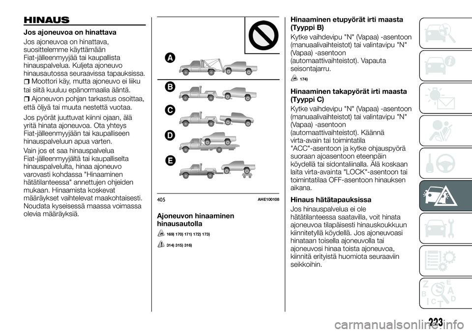 FIAT FULLBACK 2018 Käyttö- ja huolto-ohjekirja (in in Finnish) HINAUS
Jos ajoneuvoa on hinattava
Jos ajoneuvoa on hinattava,
suosittelemme käyttämään
Fiat-jälleenmyyjää tai kaupallista
hinauspalvelua. Kuljeta ajoneuvo
hinausautossa seuraavissa tapauksissa. FIAT FULLBACK 2018 Käyttö- ja huolto-ohjekirja (in in Finnish) HINAUS
Jos ajoneuvoa on hinattava
Jos ajoneuvoa on hinattava,
suosittelemme käyttämään
Fiat-jälleenmyyjää tai kaupallista
hinauspalvelua. Kuljeta ajoneuvo
hinausautossa seuraavissa tapauksissa.