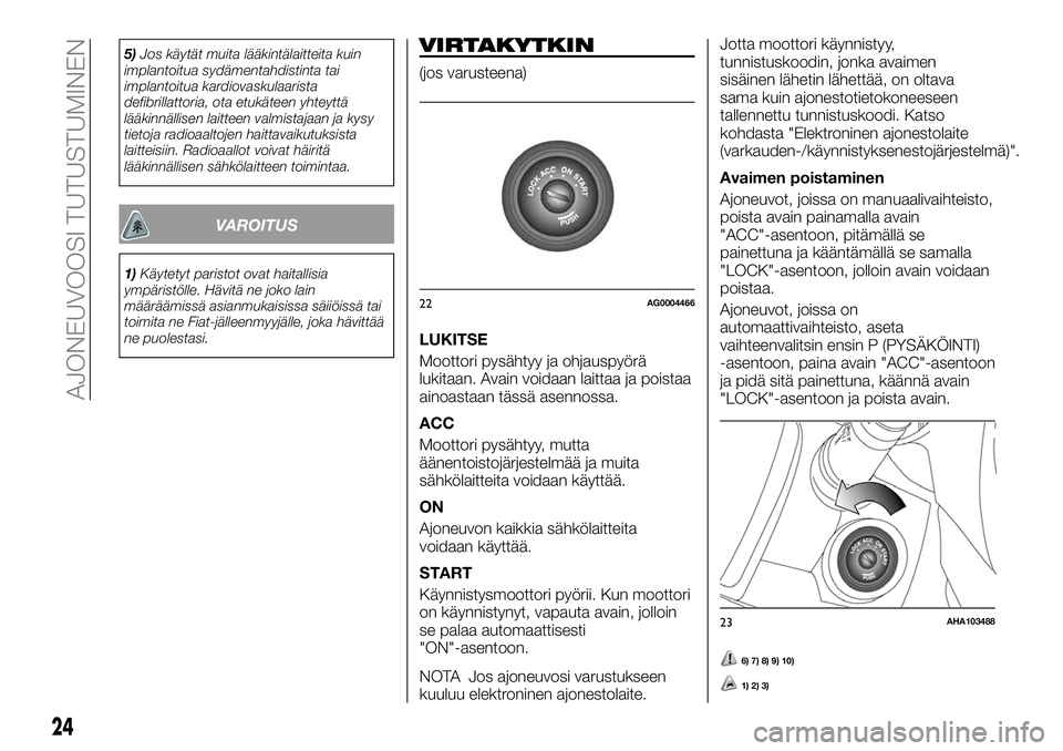 FIAT FULLBACK 2018 Käyttö- ja huolto-ohjekirja (in in Finnish) 5)Jos käytät muita lääkintälaitteita kuin
implantoitua sydämentahdistinta tai
implantoitua kardiovaskulaarista
defibrillattoria, ota etukäteen yhteyttä
lääkinnällisen laitteen valmistajaan FIAT FULLBACK 2018 Käyttö- ja huolto-ohjekirja (in in Finnish) 5)Jos käytät muita lääkintälaitteita kuin
implantoitua sydämentahdistinta tai
implantoitua kardiovaskulaarista
defibrillattoria, ota etukäteen yhteyttä
lääkinnällisen laitteen valmistajaan