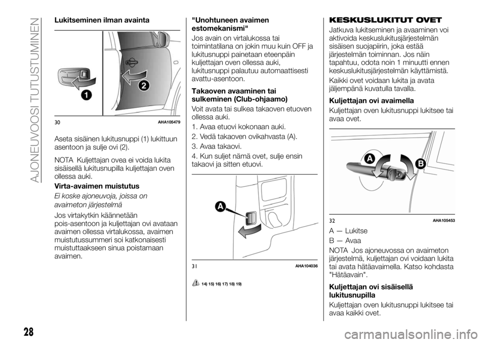 FIAT FULLBACK 2017  Käyttö- ja huolto-ohjekirja (in in Finnish) Lukitseminen ilman avainta
Aseta sisäinen lukitusnuppi (1) lukittuun
asentoon ja sulje ovi (2).
NOTA Kuljettajan ovea ei voida lukita
sisäisellä lukitusnupilla kuljettajan oven
ollessa auki.
Virta-