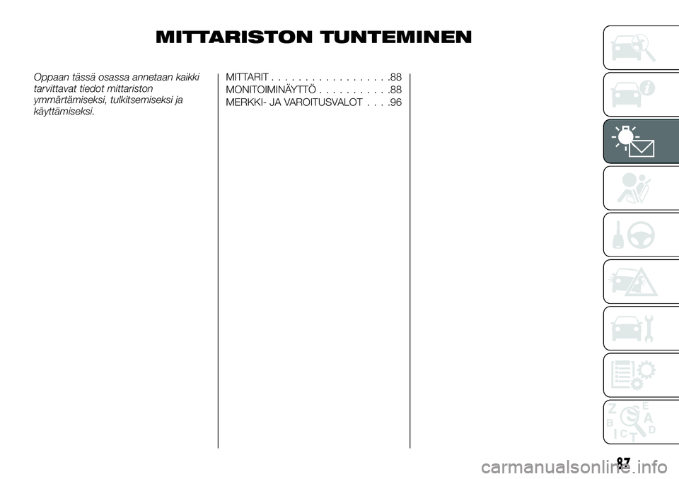 FIAT FULLBACK 2017 Käyttö- ja huolto-ohjekirja (in in Finnish) MITTARISTON TUNTEMINEN
Oppaan tässä osassa annetaan kaikki
tarvittavat tiedot mittariston
ymmärtämiseksi, tulkitsemiseksi ja
käyttämiseksi.MITTARIT..................88
MONITOIMINÄYTTÖ......... FIAT FULLBACK 2017 Käyttö- ja huolto-ohjekirja (in in Finnish) MITTARISTON TUNTEMINEN
Oppaan tässä osassa annetaan kaikki
tarvittavat tiedot mittariston
ymmärtämiseksi, tulkitsemiseksi ja
käyttämiseksi.MITTARIT..................88
MONITOIMINÄYTTÖ.........