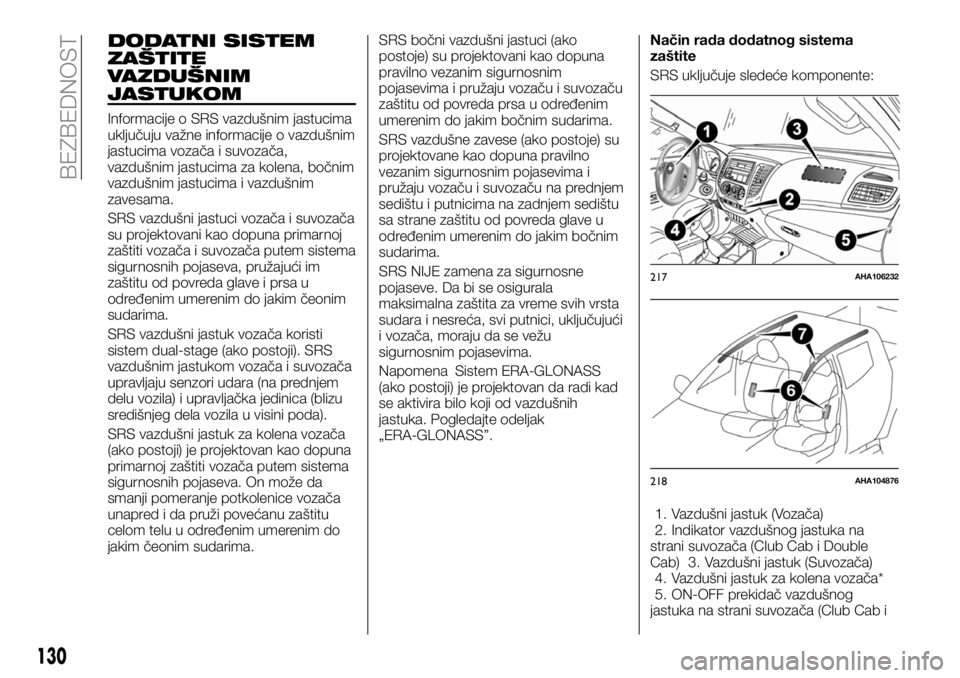 FIAT FULLBACK 2017  Knjižica za upotrebu i održavanje (in Serbian) DODATNI SISTEM
ZAŠTITE
VAZDUŠNIM
JASTUKOM
Informacije o SRS vazdušnim jastucima
uključuju važne informacije o vazdušnim
jastucima vozača i suvozača,
vazdušnim jastucima za kolena, bočnim
vaz