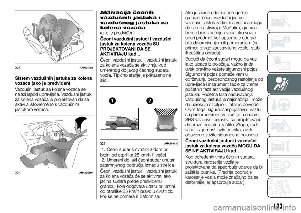 FIAT FULLBACK 2017  Knjižica za upotrebu i održavanje (in Serbian) Sistem vazdušnih jastuka za kolena
vozača (ako je predviđen)
Vazdušni jastuk za kolena vozača se
nalazi ispod upravljača. Vazdušni jastuk
za kolena vozača je projektovan da se
aktivira istovre