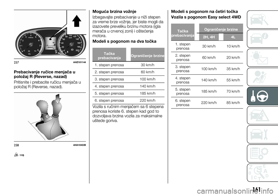 FIAT FULLBACK 2017  Knjižica za upotrebu i održavanje (in Serbian) Prebacivanje ručice menjača u
položaj R (Reverse, nazad)
Pritisnite i prebacite ručicu menjača u
položaj R (Reverse, nazad).
110)
Moguća brzina vožnje
Izbegavajte prebacivanje u niži stepen
z