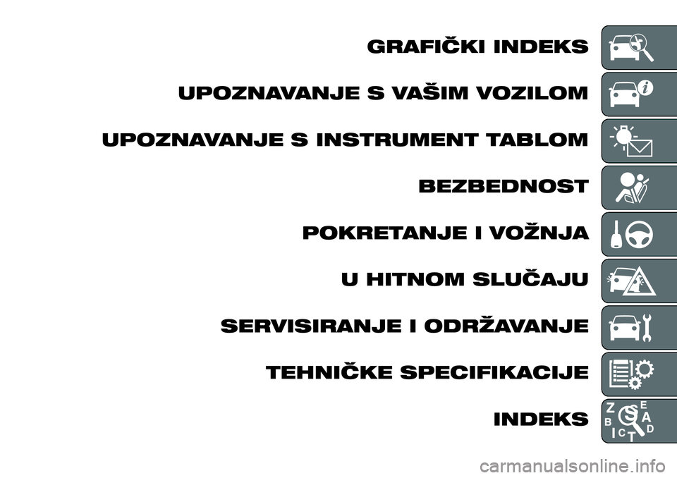 FIAT FULLBACK 2018  Knjižica za upotrebu i održavanje (in Serbian) GRAFIČKI INDEKS
UPOZNAVANJE S VAŠIM VOZILOM
UPOZNAVANJE S INSTRUMENT TABLOM
BEZBEDNOST
POKRETANJE I VOŽNJA
U HITNOM SLUČAJU
SERVISIRANJE I ODRŽAVANJE
TEHNIČKE SPECIFIKACIJE
INDEKS 