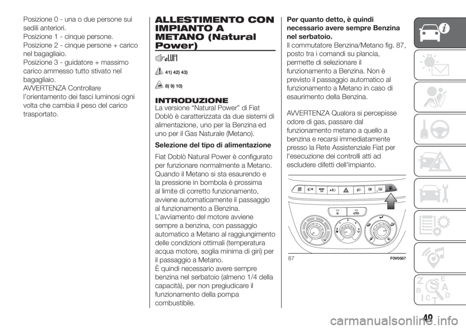 FIAT DOBLO COMBI 2018 Libretto Uso Manutenzione (in Italian) Posizione 0 - una o due persone sui
sedili anteriori.
Posizione 1 - cinque persone.
Posizione 2 - cinque persone + carico
nel bagagliaio.
Posizione 3 - guidatore + massimo
carico ammesso tutto stivato FIAT DOBLO COMBI 2018 Libretto Uso Manutenzione (in Italian) Posizione 0 - una o due persone sui
sedili anteriori.
Posizione 1 - cinque persone.
Posizione 2 - cinque persone + carico
nel bagagliaio.
Posizione 3 - guidatore + massimo
carico ammesso tutto stivato