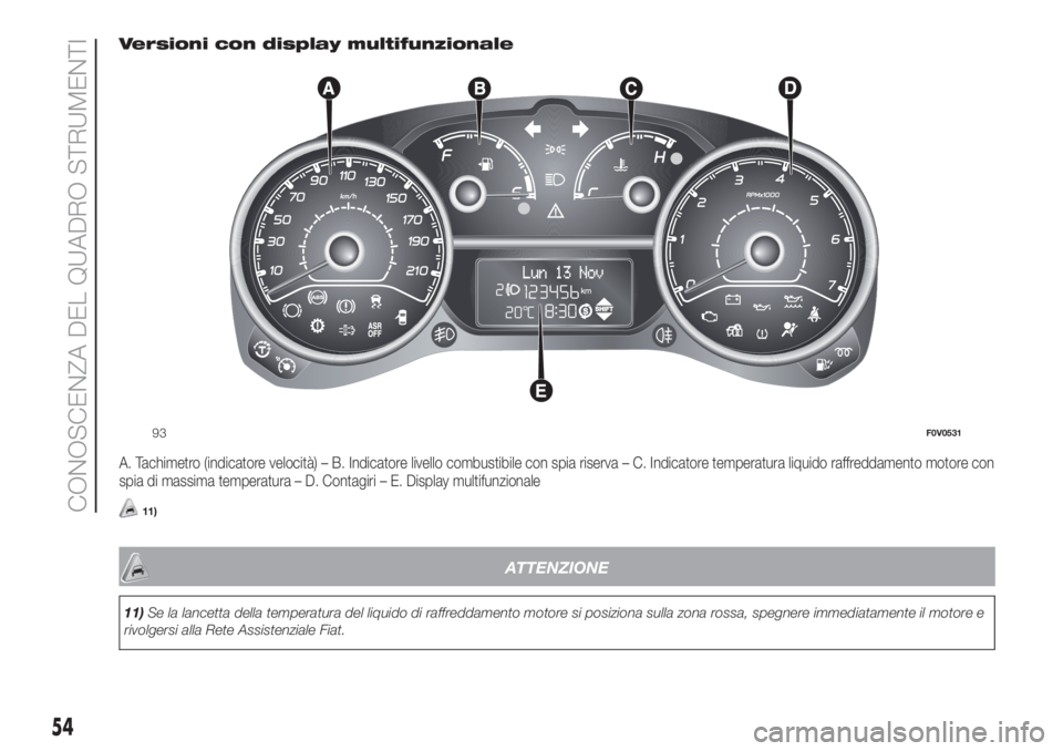 FIAT DOBLO COMBI 2018  Libretto Uso Manutenzione (in Italian) Versioni con display multifunzionale
A. Tachimetro (indicatore velocità) – B. Indicatore livello combustibile con spia riserva – C. Indicatore temperatura liquido raffreddamento motore con
spia d