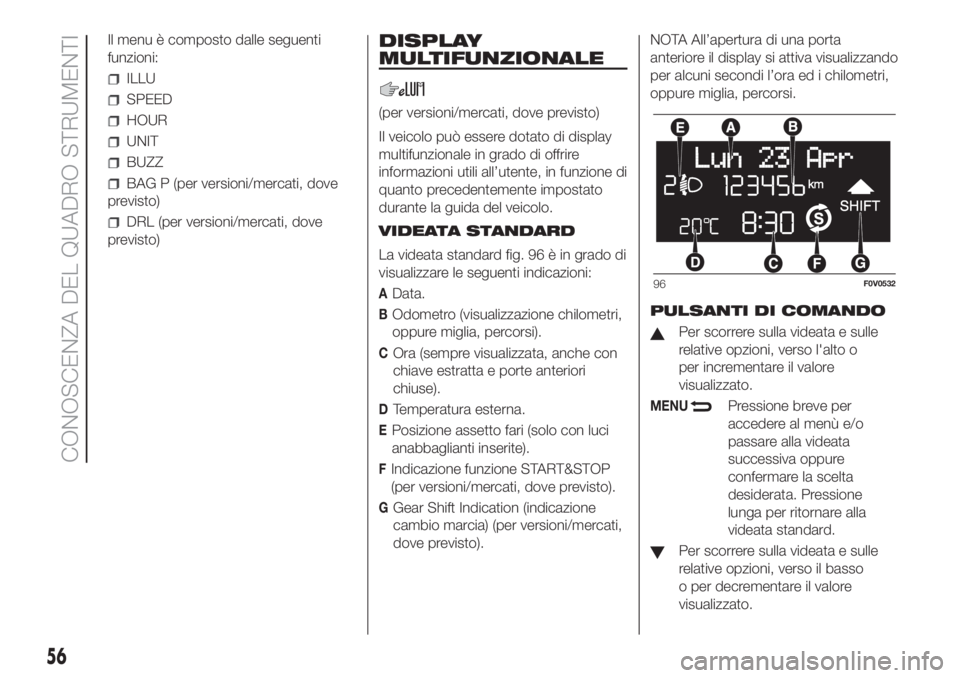 FIAT DOBLO COMBI 2018 Libretto Uso Manutenzione (in Italian) Il menu è composto dalle seguenti
funzioni:
ILLU
SPEED
HOUR
UNIT
BUZZ
BAG P (per versioni/mercati, dove
previsto)
DRL (per versioni/mercati, dove
previsto)
DISPLAY
MULTIFUNZIONALE
(per versioni/merca FIAT DOBLO COMBI 2018 Libretto Uso Manutenzione (in Italian) Il menu è composto dalle seguenti
funzioni:
ILLU
SPEED
HOUR
UNIT
BUZZ
BAG P (per versioni/mercati, dove
previsto)
DRL (per versioni/mercati, dove
previsto)
DISPLAY
MULTIFUNZIONALE
(per versioni/merca